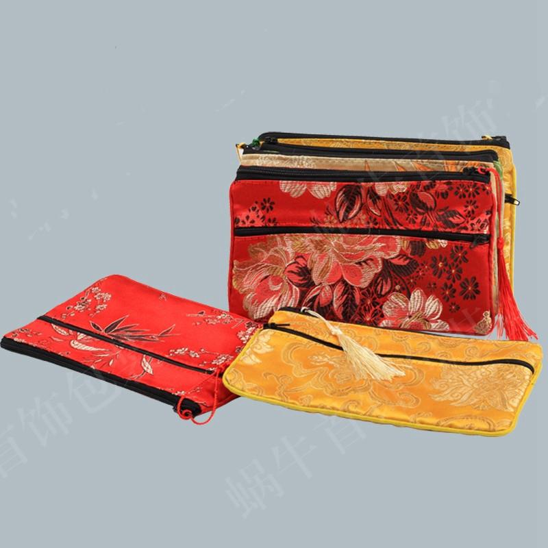 

18x12 cm Floral Double Zipper Coin Purse Large Tassel Chinese Silk Jewelry Pouches Gift Bag Makeup Wallet Christmas Party Favors