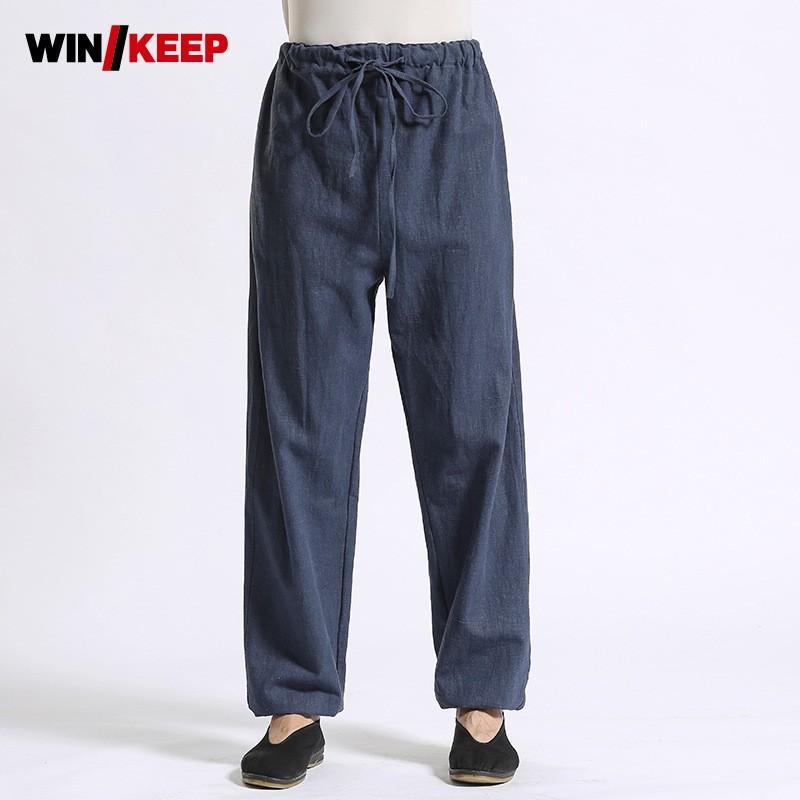 

Male Trainer Wing Chun Martial Arts Cotton Linen Pants Tai Chi Elastic Waist Trousers Men Kendo Quick Dry Sweatpants Sportswear1, Blue