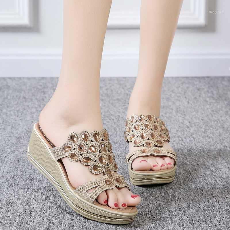 

Woman High Heels Platform Sandals Gold Dropshipping Women Summer Wedge Slippers Fashion Big Rhinestone Hollow Out Casual Shoes1, Black