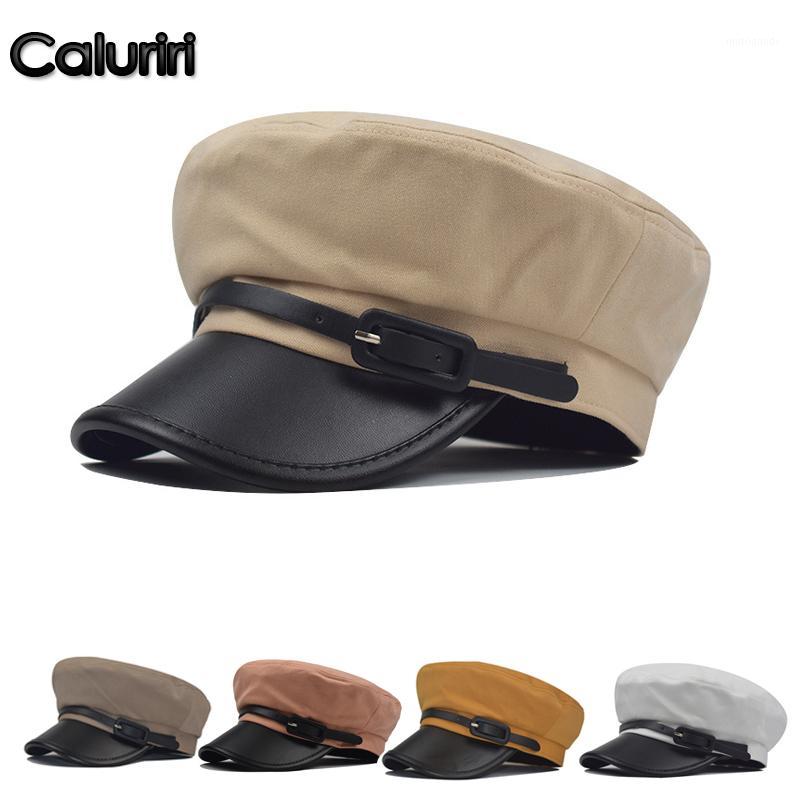 

Caluriri New Women Hat PU Leather Cotton Fabric Beret Fashion Octagonal Hat Korean Female Pu Belt1