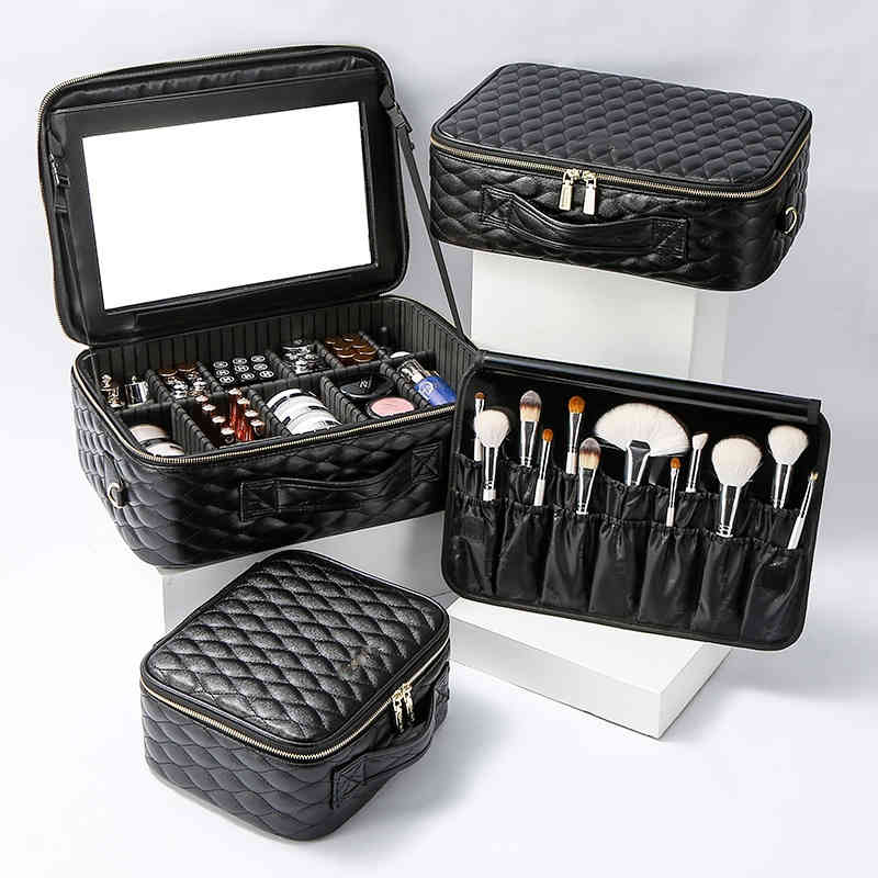 

NXY cosmetic bags Small size Black Cosmetic storage bag professional portable large capacity tattoo toolbox with mirror 220118