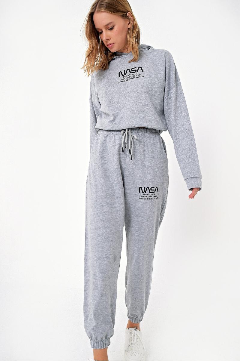 

Trend Alacati Style Women Hooded Printed Tracksuit Set ALC-X5082, White