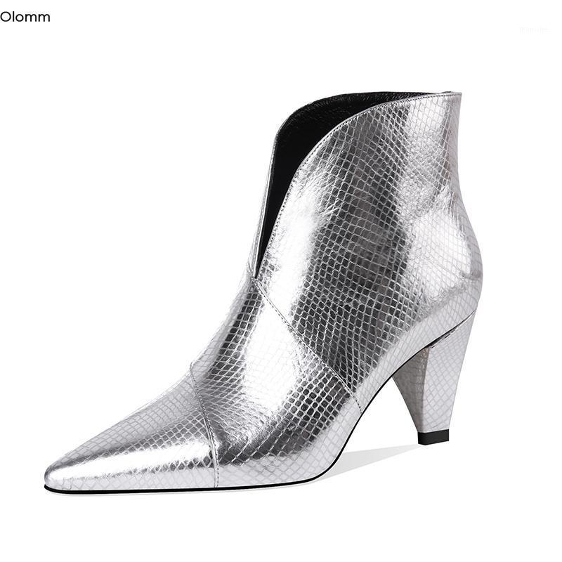 

Olomm New Women Leather Ankle Boots 6.8 cm Spike Heels Boots Pointed Toe Gorgeous Silver Black Party Shoes Women US Size 4-8.51, D1980 black