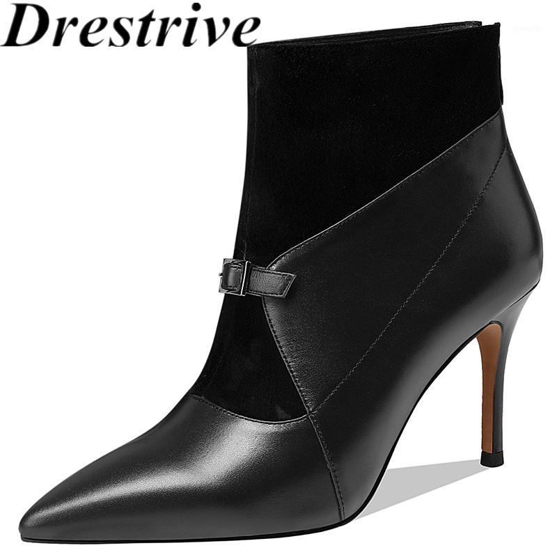 

Drestrive Cow Leather Women Ankle Boots Zipper Thin Heels Black Patchwork Pointed Toe 2020 High Heel Shoes Buckle Size 401