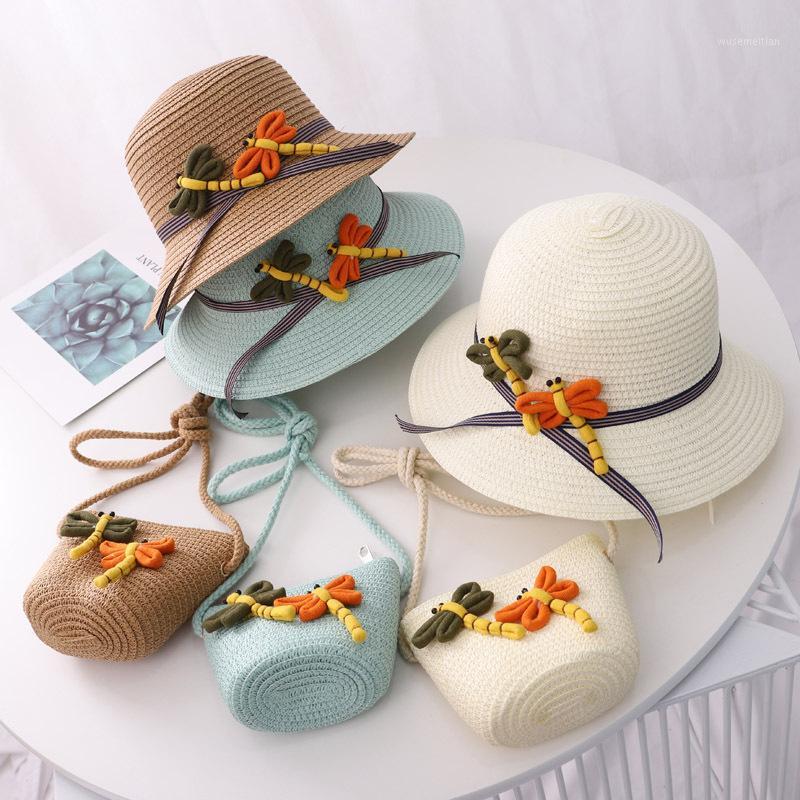 

CHILDREN'S Straw Hat Summer Girls Topee Outing Beach Hat Baby Summer Sun Protection Cute Dragonfly Cap1, Dragonfly thin cap white