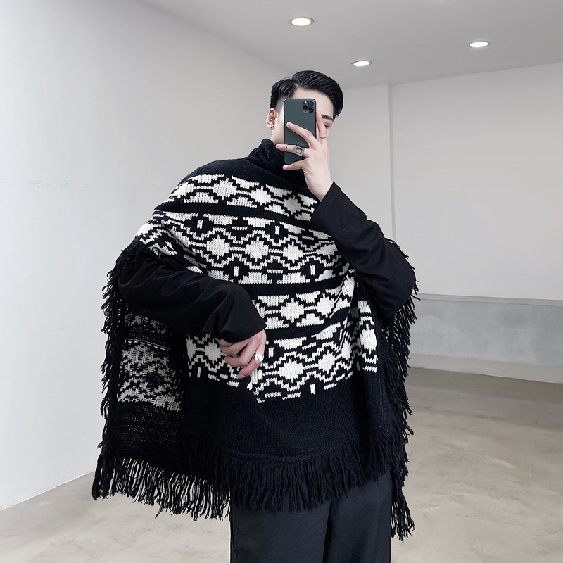 

2020 Patterns Men Geometric Cape Tassel Pullover Male Turtleneck Streetwear Retro-loose Fashion Knit Sweater 5mxx, My23