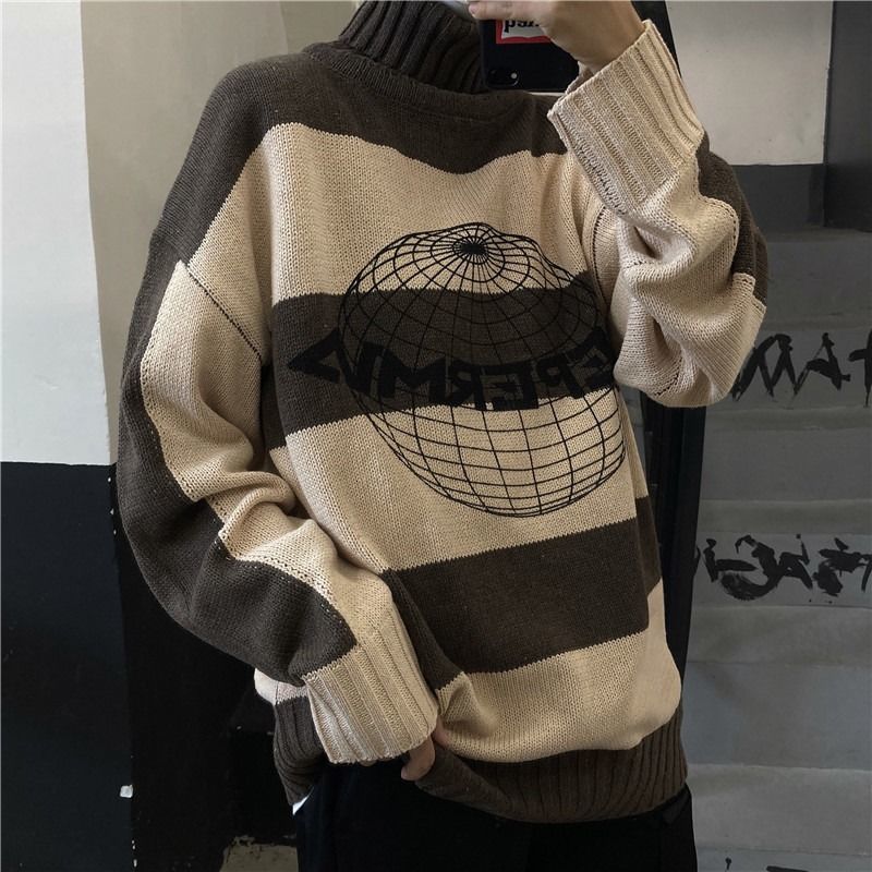

Jersey 2021 Men's Spring and Winter New High Neck Striped Planet Mesh Sweater Male Clothes RZ4W, Apricot