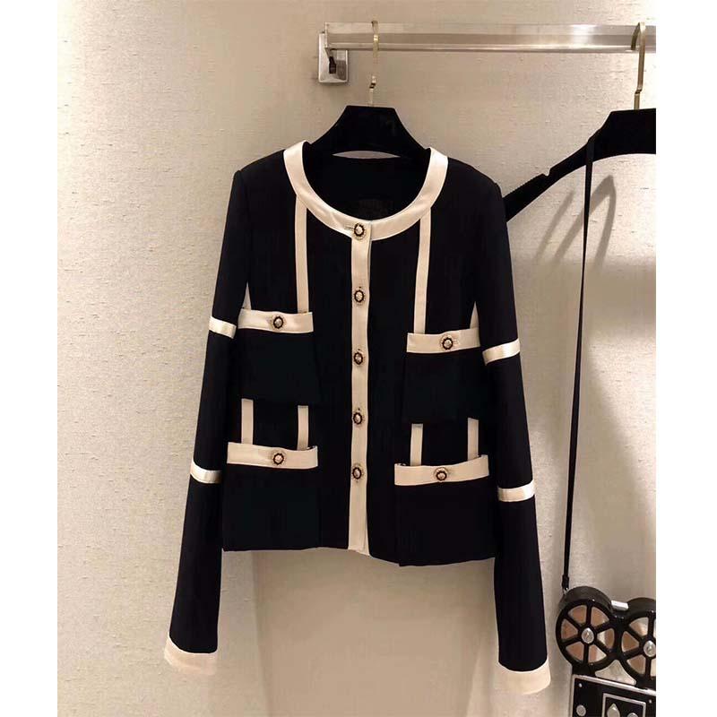 

Cosmicchic 2020 Women Jacket Short Coat Black White Patchwork Golden-button Pockets O-Neck Runway Slim Elegant Retro Jackets