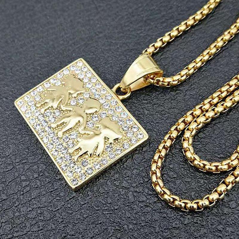 

Hip Hop Full Rhinestones Bling Iced Out Gold Stainless Steel Kid Geometric Square Pendants Necklace Dog Tag Men Rapper Jewelry