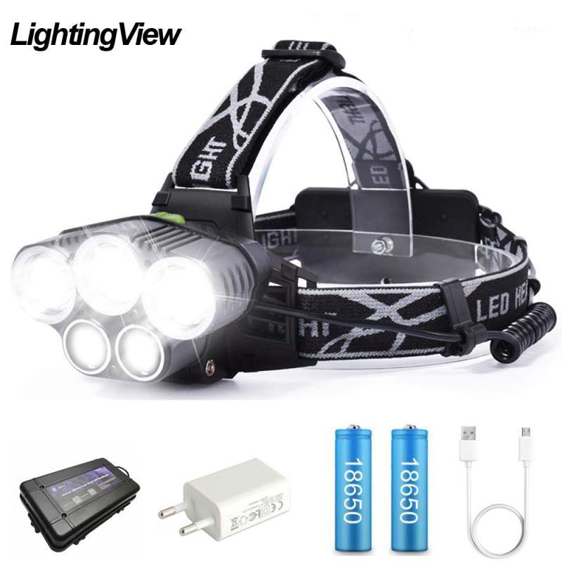

USB Rechargeable LED Headlamp 5 White Light or 3 White + 2 Bule Light 15000lm LED Headlight Fishing Lamp Powered by 186501