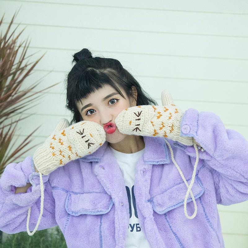 

Cute cat jacquard gloves hair ball decoration plus velvet warm hanging neck ladies mittens winter riding windproof warm A591