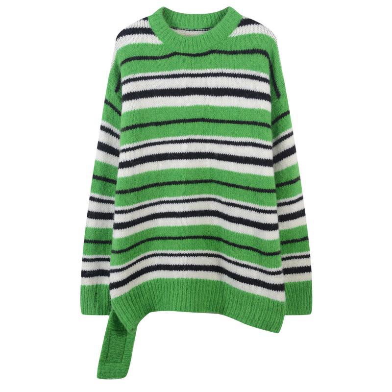 

Women Autumn Winter Green Striped Contrast Sweater Runway Clothes 2020 Fashion O-Neck Loose All-Match Pullover Jumper Oversize, As pic