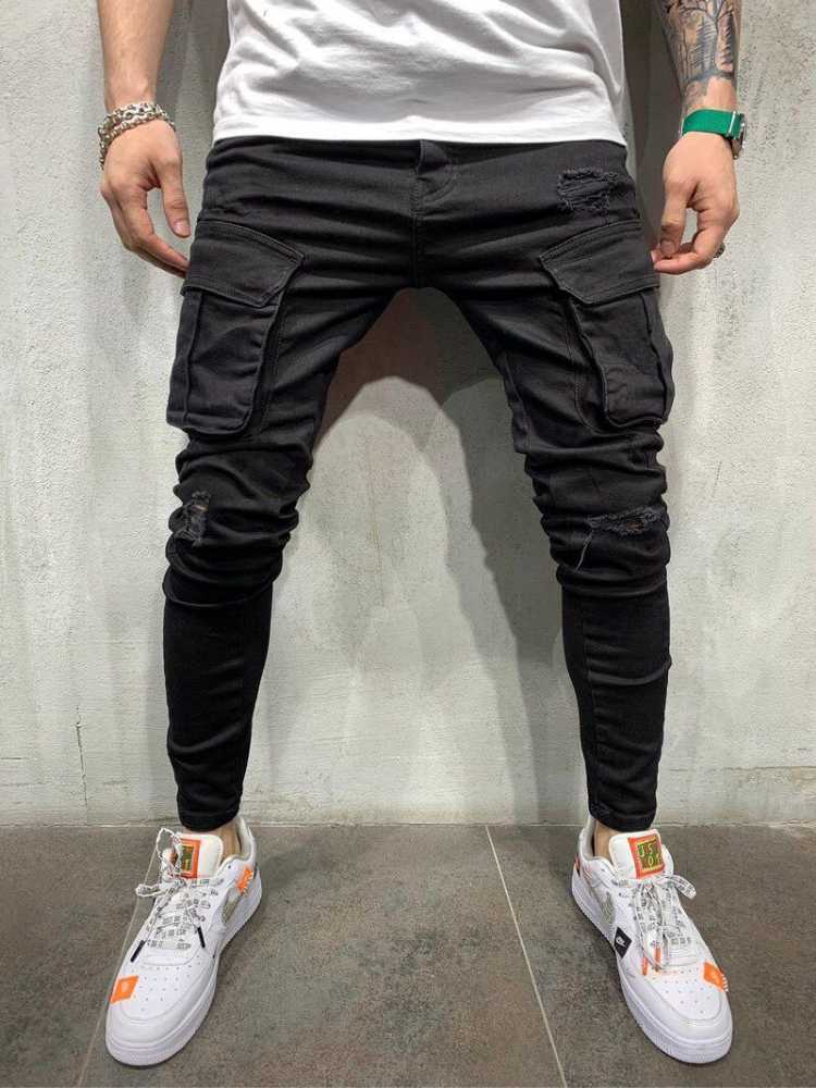 

Men Ripped Skinny Jeans Multi-Pocket Slim Pencil Pants 2021 Spring Black New Male Overalls Street Hip-Hop Moto & Bike Clothing