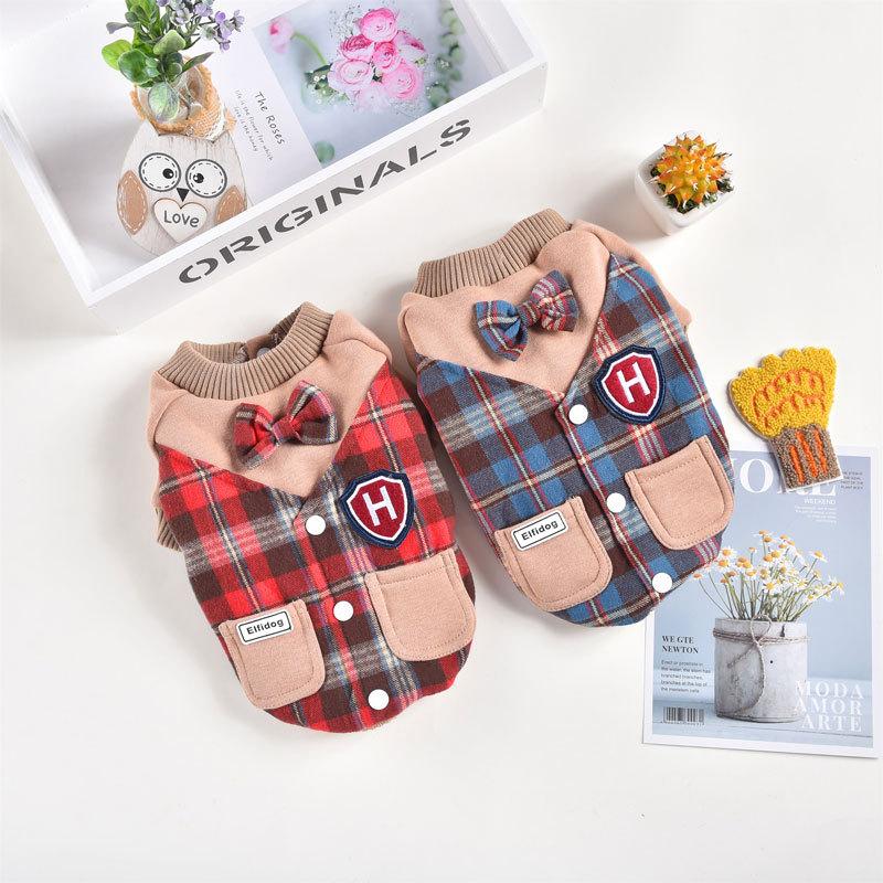 

Plaid Pet Clothes for Autumn and Winter Two Feet Brushed and Thick Quilted Cotton Cloth Fake Two Pieces Costumes for Dogs, Red