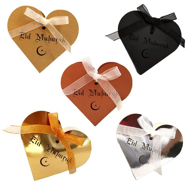 

25pcs Laser Cut Hollow Love Heart Chocolate Candy Box With Ribbon Happy Eid Mubarak Ramadan Party Decoration DIY