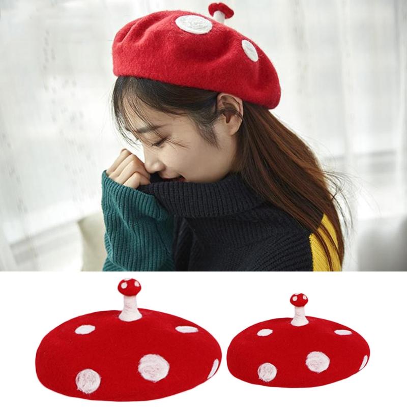 

Women Kids Novelty Cute Small Mushroom Red Beret Cap Handmade Faux Felt Wool White Point Vintage French Artist Painter Hat