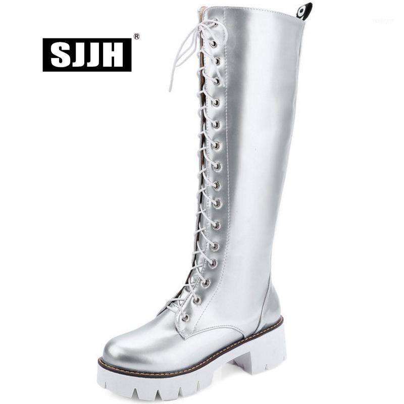 

SJJH Women Knee-High Flat Boots with Round Toe Platform Zip Short Plush Motorcycle Boots Winter Fashion Shoes Large Size Q2361, Black