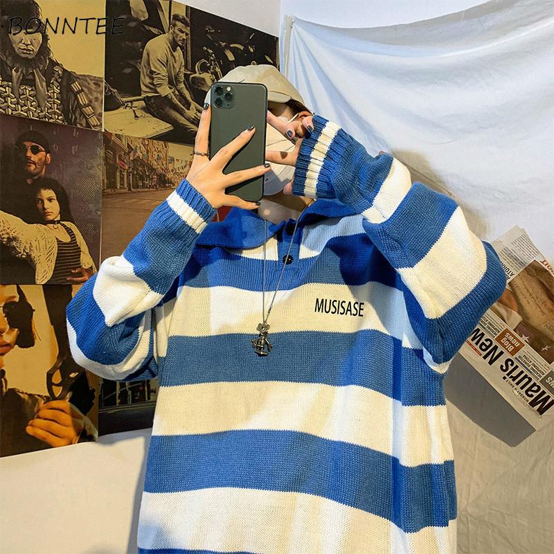 

Men Pullovers Striped Turn Down Collar Harajuku Streetwear Ulzzang Casual Baggy Fashion Male Sweater Knitting Korean Style Chic, Black