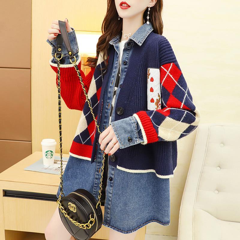 

Denim stitched sweater cardigan women' mid long autumn winter loose knitted cardigan (two piece set, Black
