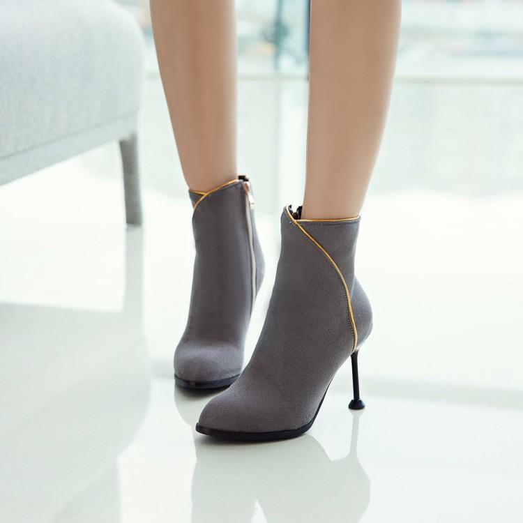 

Big Size 11 12 13 14 15 16 17 18 19 Fashion boots with pointed thin heel and side zipper, short gold-rimmed barrel and high heel, Black