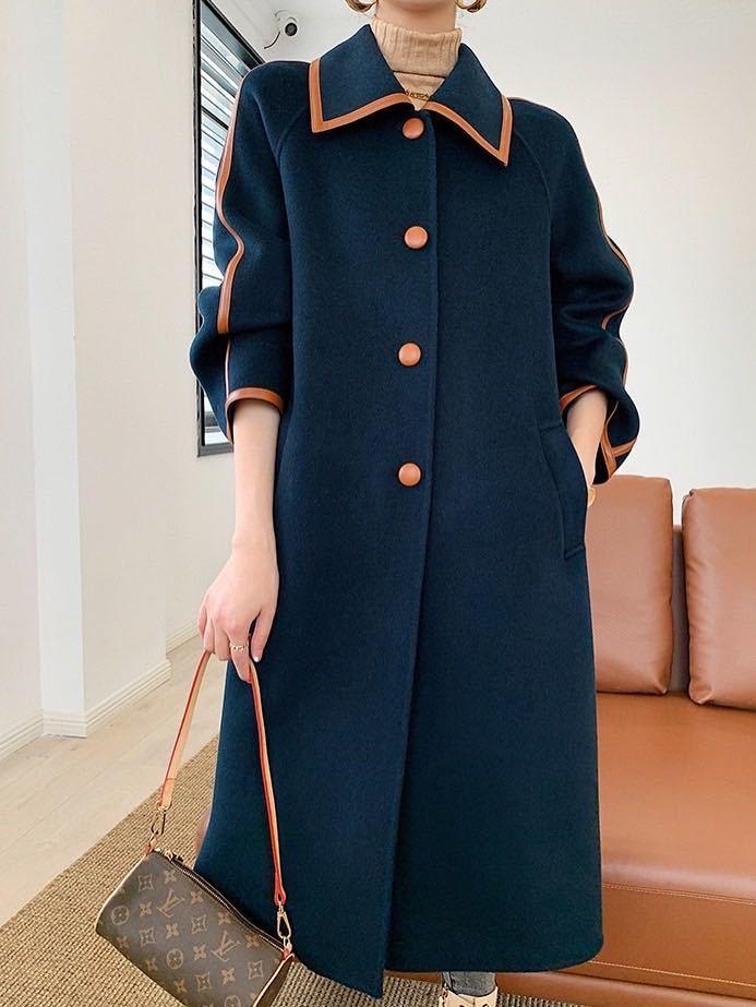 

Danyafei] high quality leather buckle design double sided cashmere coat women' single breasted slim fit woolen cloth, Navy blue