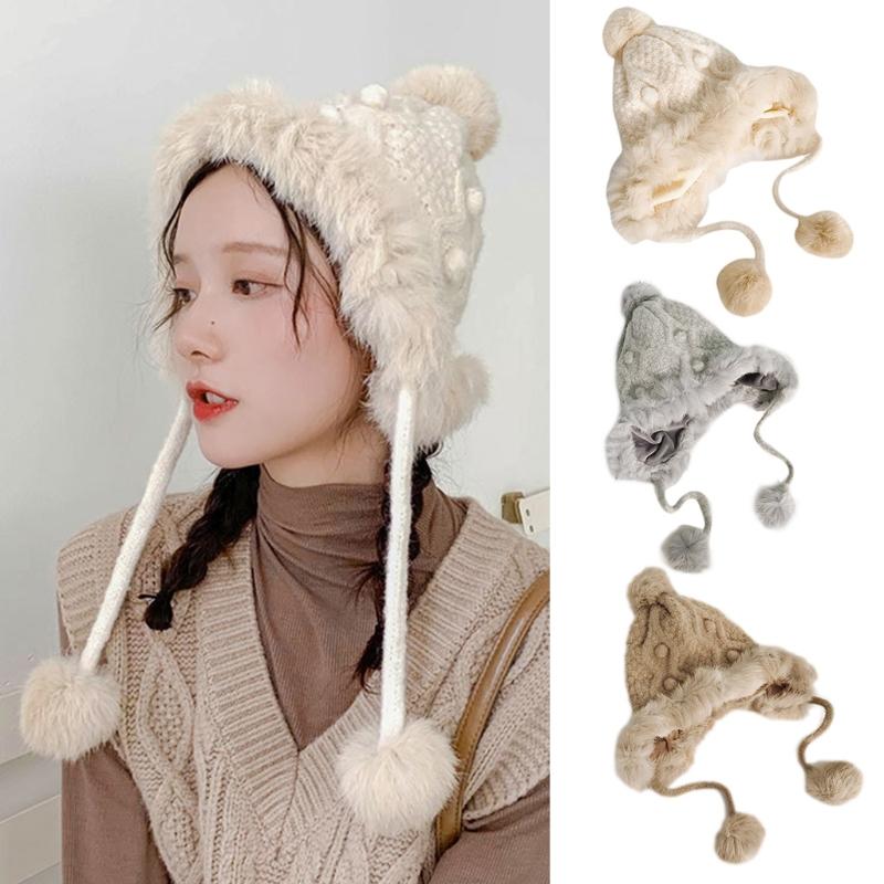 

Women Winter Knit Beanie Hat Letters Embroidery Plush Lined Pompom Earflap Cap 649C, White