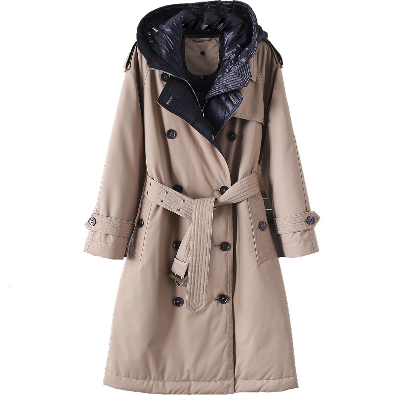 

2021 New Female Winter Hood 90% White Down Double Breasted Jacket with Warm Snow Belt Outwear 5MWT, Khaki.