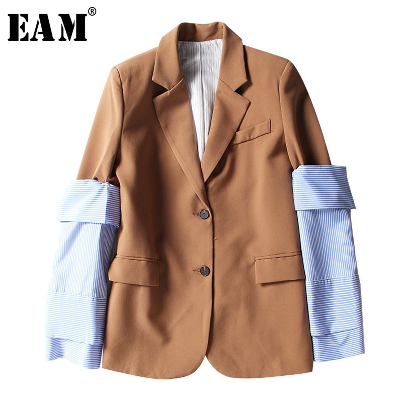 

[EAM] New Spring Lapel Logn Sleeve Blue Striped Removable Stitching Hit Color Jacket Women Coat Fashion Tide JI825 201112