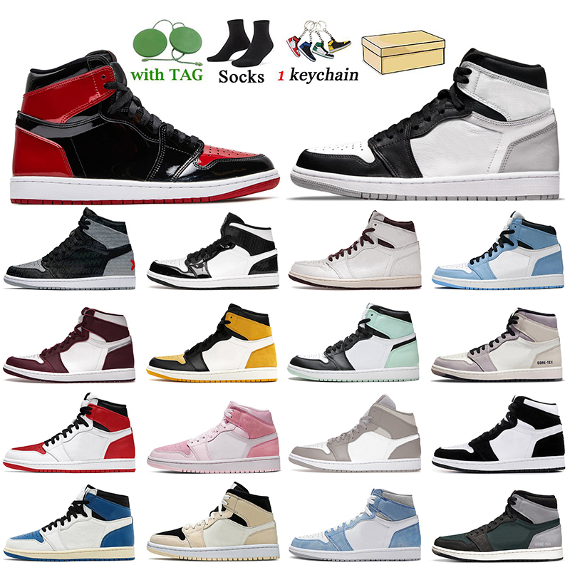 

With box Sneakers Women Mens 1s Basketball Shoes Jumpman 1 Patent Bred Royal Blue Rebellionaire Banned Dark Marina Diamond Shorts Mid Linen High Og Twist UNC Trainers, A10 patent bred 36-47