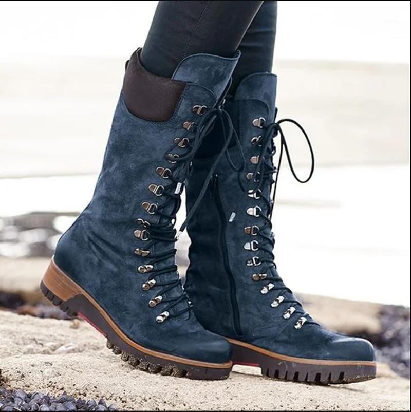

Fashion Brand Winter Mid Calf Boots Women Round Toe Square High Heel Snow Boots Lace Up String Warm Shoes1, Black