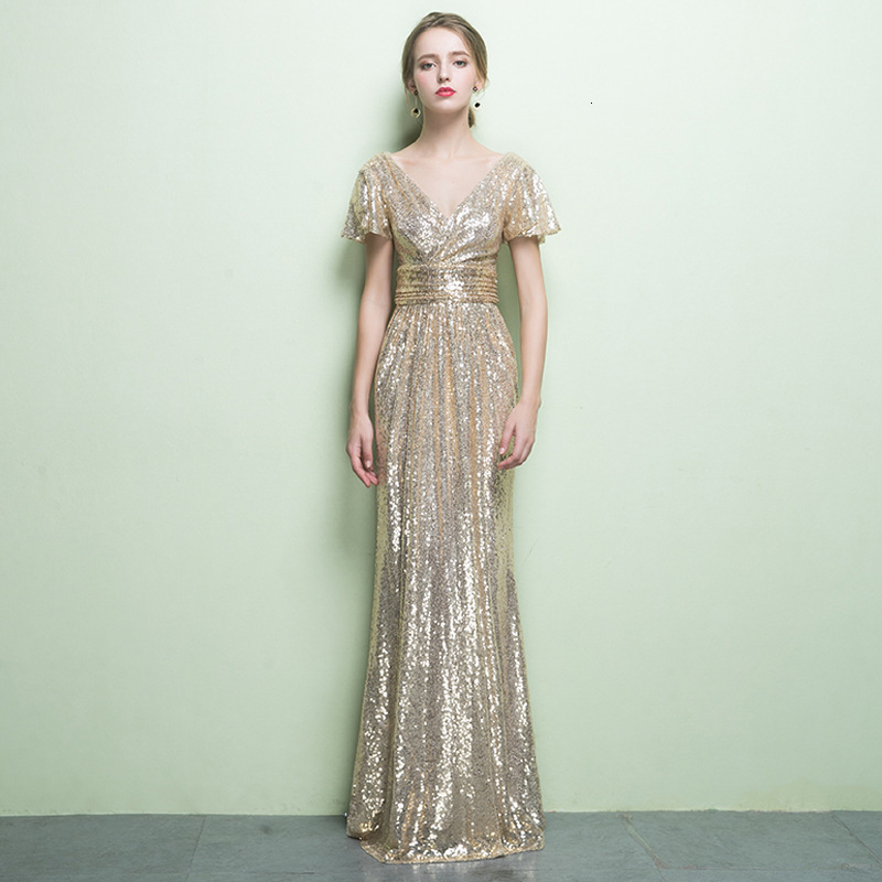 

2021 New Elegant Short Sleeve Sequins Beading Floor Length Long V-neck High Waist Women Sexy Party Vestidos 9jih, Champagne