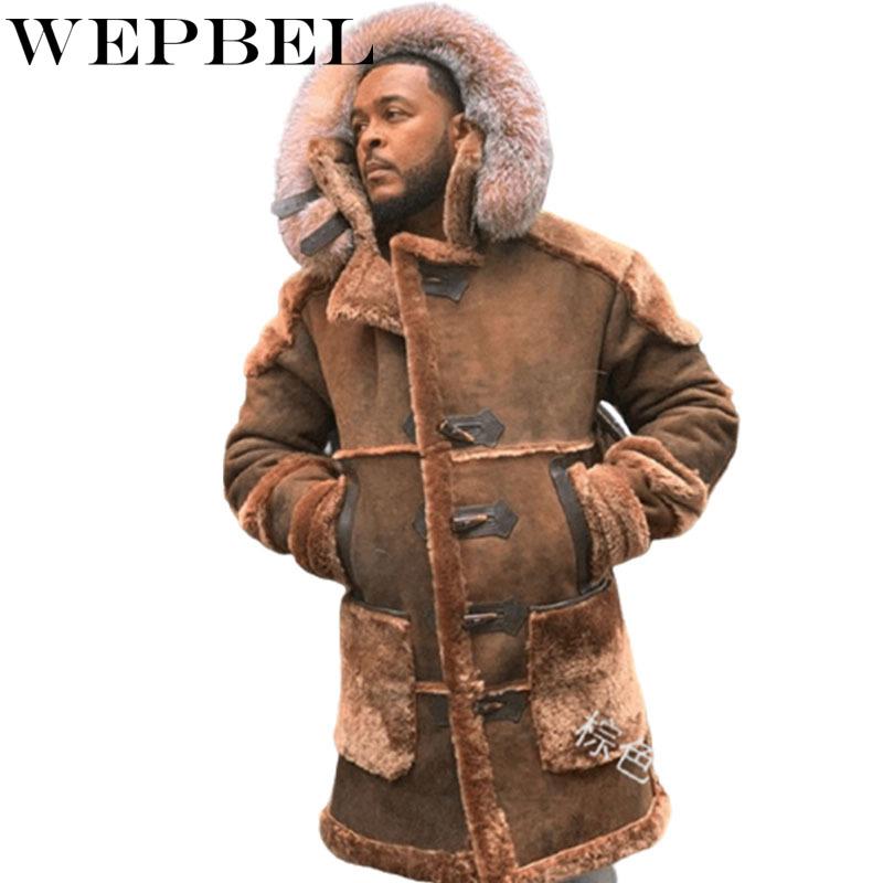 

WEPBEL Winter Men' Fashion Warm Shearling Coat Men Faux Suede Long Sleeve Fur Thicken Hooded Jacket Outwear, Black