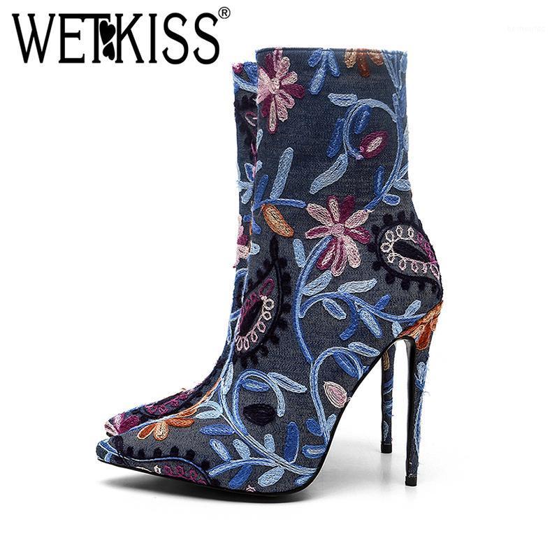 

WETKISS Thin High Heels Ankle Women Boots Short Plush Embroider Winter 2020 Warm Denim Footwear Fashion Booties Female Shoes1, Dark blue