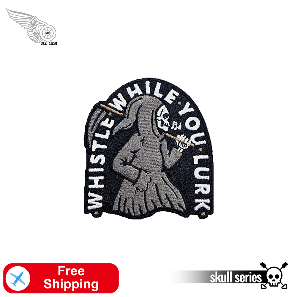 

Skull Whistle Lurk Reaper Embroidery Iron On Patches Front Size Biker Custom Patch For Clothing Jacket Applique, Black