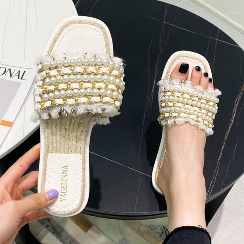 

Fairy Pearl tassel metal chains slingback women sandals beach shoes women slippers beads slip on flat femmes sandalias 20201, Black