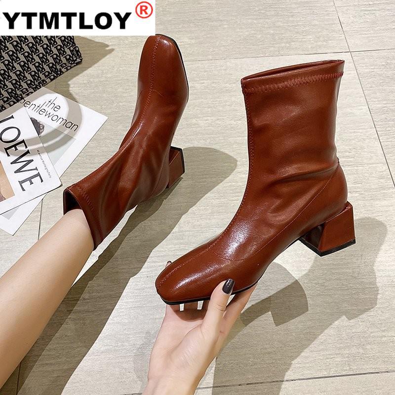 

Leather Boots Square High Heel Ankle Boots for Women Round Toe Solid Black Women Shoes Ankle Shoes Woman Winter, Beige