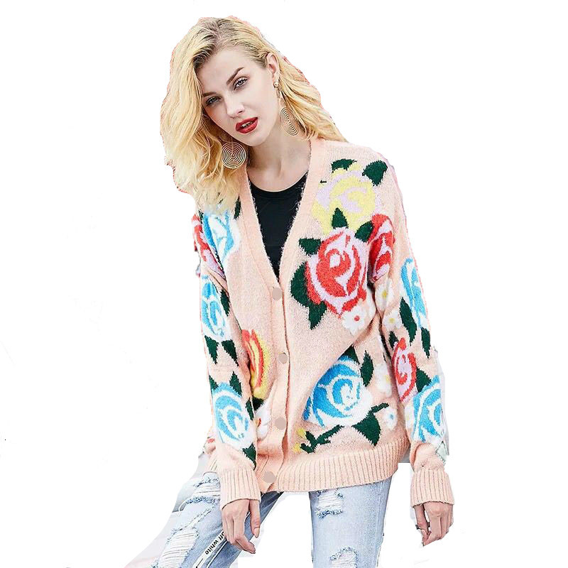 

New High Street Women Cardigans Luxury Bluffs Floral Autumn Female Winter Coat Outerwear Clothes Decorating in v Fashion Sg4r, Beige