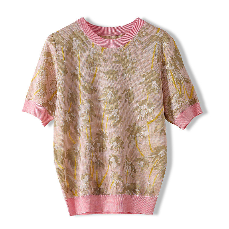 

2021 New Boho Summer Fashion Vintage Chic Women Coconut Tree Jacquard Short Sleeve T-shirt Ladies Tops Viscose Knit Tee Shirt Ppvl, Apricot