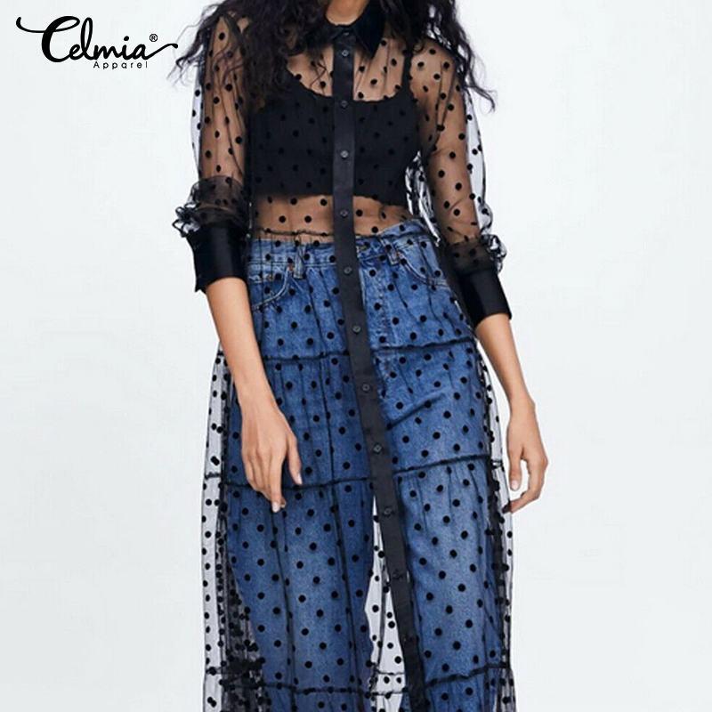 

Celmia Women 2020 Bohemian Polka Dot Maxi Dress Casual Summer Mesh Sundress See Through Long Sleeve Long Vestidos Robe -5XL, Black