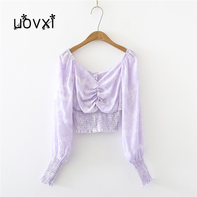 

2020 Autumn and Winter Sweet and Wild Retro Folds Sexy Single-Breasted Waist Slimming Puff Sleeve Tie-Dye Chiffon Blouse, Pink