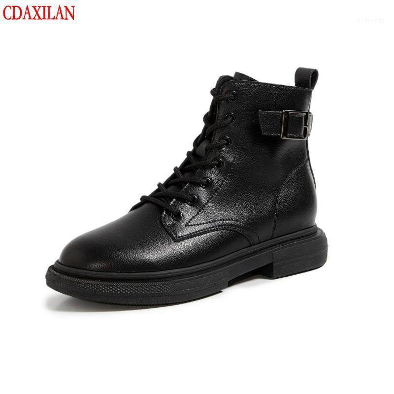 

CDAXILAN new to boots women 's white black cow leather round toe zipper side zipper flat with cross-tied ankle autunm winter1, Black(add velvet)
