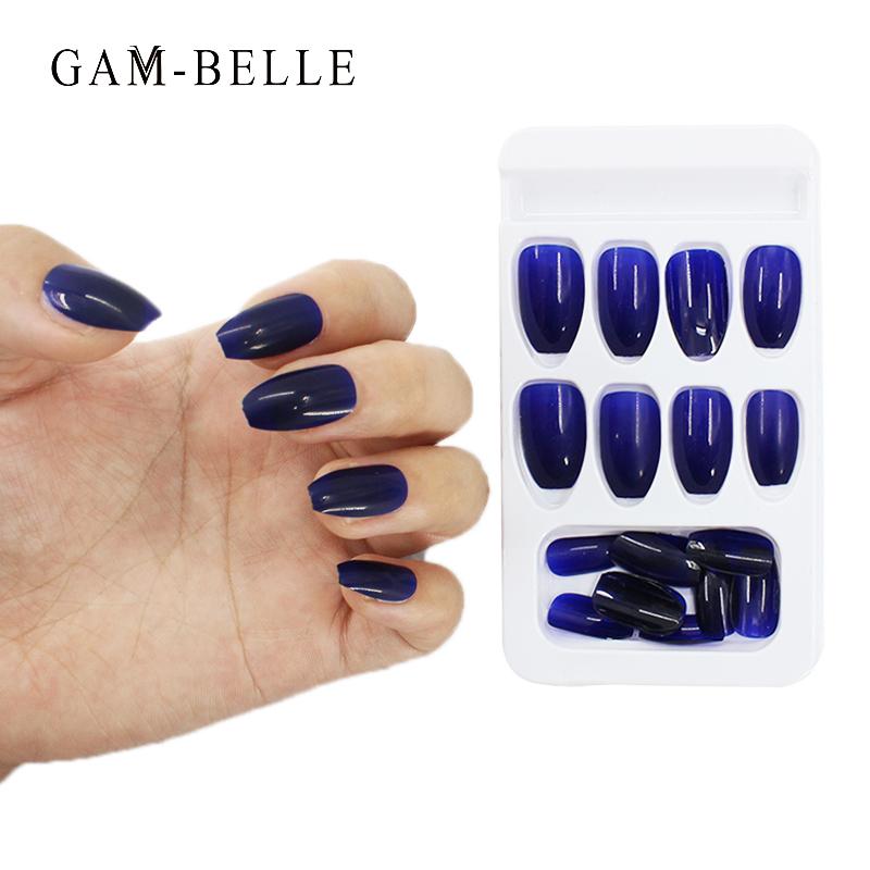 

24pcs/box Wearable Finger Fake Nails press on Blue Aurora Effect short size full cover Summer Patch fake Fingernail tips, Dark blue