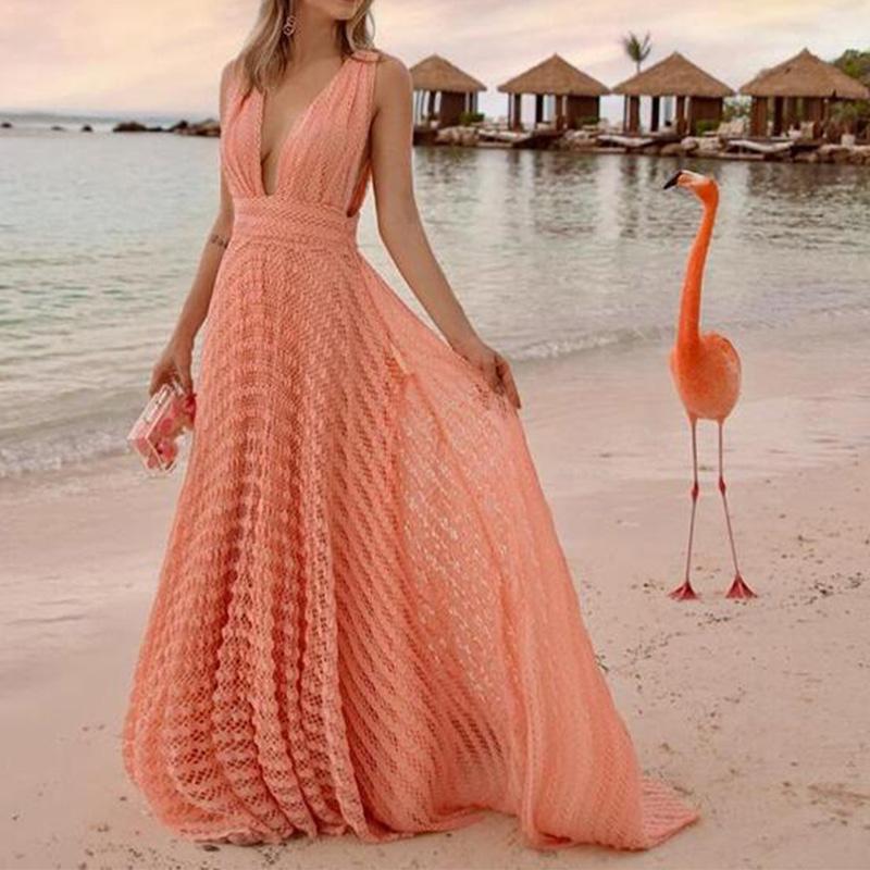 

Women' Lace Holiday Deep V-neck Sexy Dress Orange Sleeveless Backless Maxi Dresses 2020 New Summer Party Long Dresses Ladies