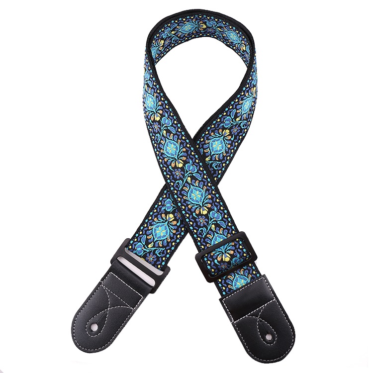

Factory Direct Acoustic Woven Ocean Blue Jacquard Genuine Leather Ends Guitar Strap