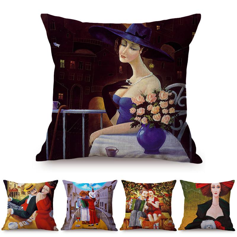 

Nordic Vintage Beautiful Woman Oil Painting Art Decorative Cushion Cover Couple Happy Love Story Sofa Chair Throw Pillow Cover, M101-2