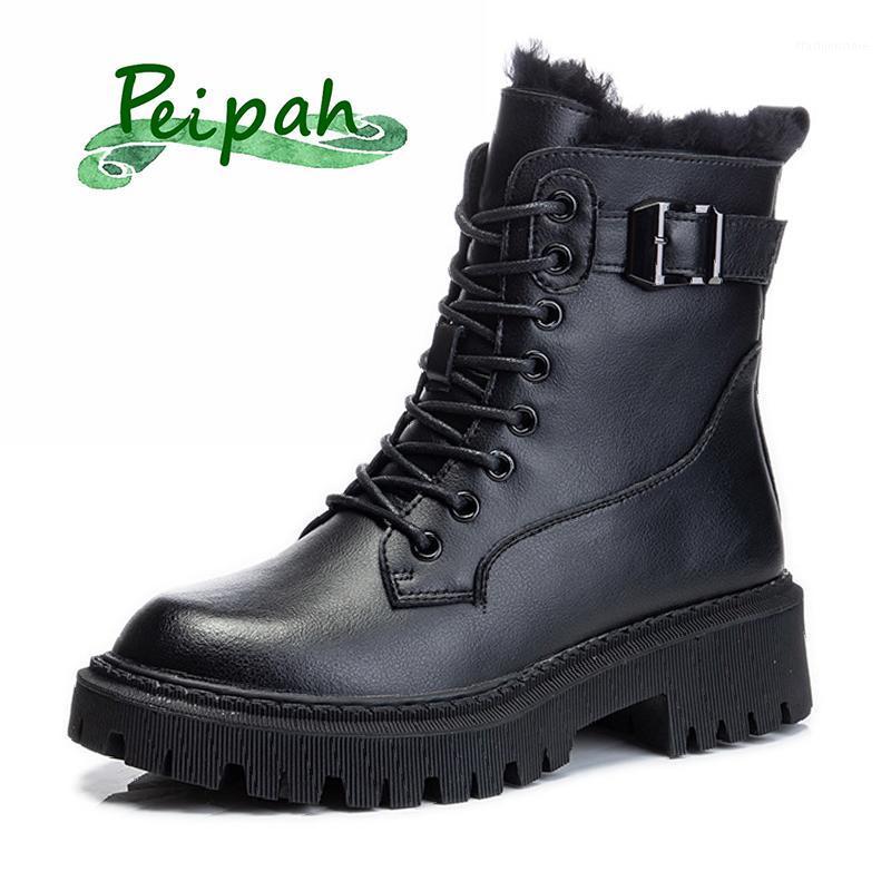 

PEIPAH Winter Wool Warm Snow Boots for Women Genuine Leather Shoes Woman Platform Buckle Short Ankle Boots Female Goth Shoes1, White