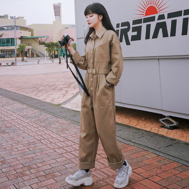

Khaki Jumpsuit Spring Autumn Women Long Sleeve Shirt One Piece Cargo Pants Female Streetwear Hip Hop Loose Trousers Overalls