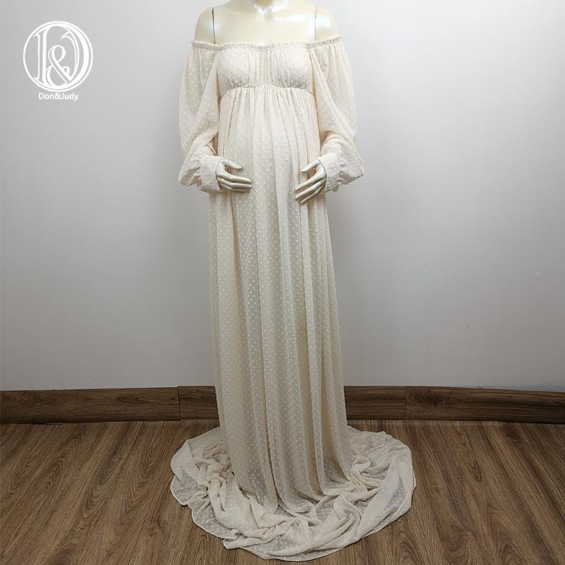 

Don&Judy Beige Chiffon Long Sleeves Maternity Dress Photography Party Evening Dress Off Shoulder for Photo Shoot Prom Gown