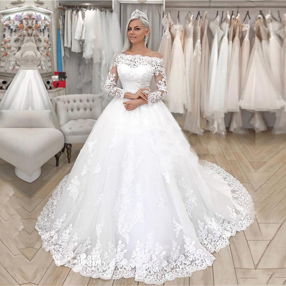 

Custom Made Off the Shoulder Long Sleeves Lace Wedding Dresses 2021 with Aplliuqes Court Train Lace Up Back Plus Size Wedding Bridal Gowns, White