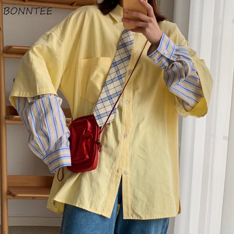 

Long Sleeve Shirts Women Spring Summer Striped Oversize Bf Harajuku Womens Blouses Loose Leisure Tide Fake Two Pieces Femme New, White no tie